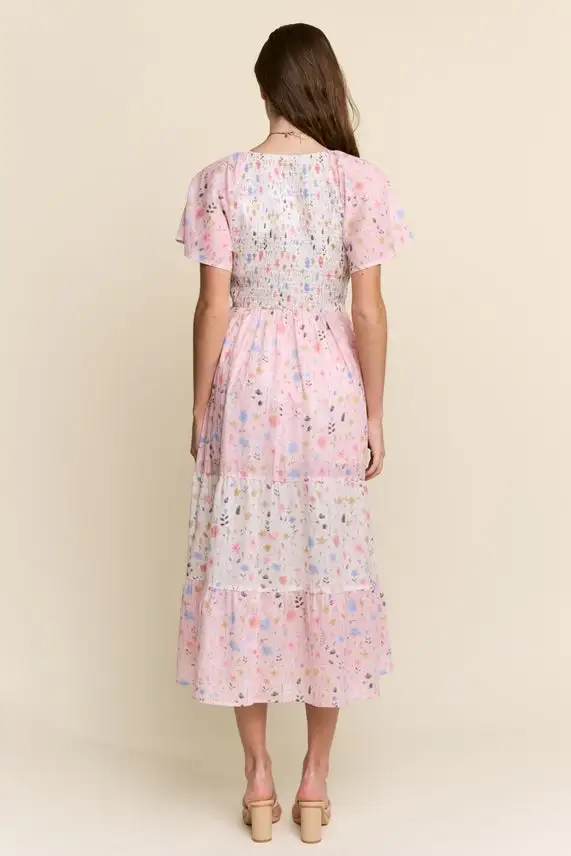 Floral Tiered Short Sleeve V-Neck Dress