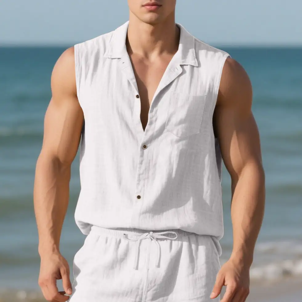 Men's Sleeveless Linen Shirt With Lapel Collar Chest Pocket And Continuous Button Placket