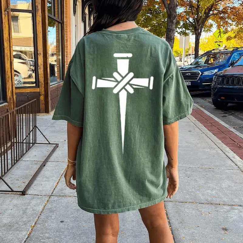 Christian Minimalist Religious Cross Calvary Three Nails Women's Oversized Comfort T-Shirt Back Print