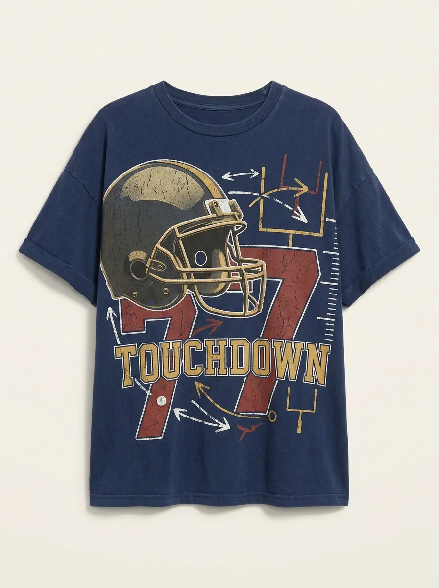 Women's Football Fan Touchdown Helmet Number 77 Printed T-shirt