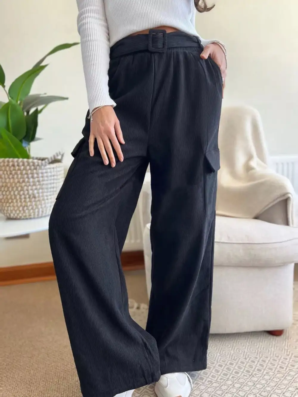 Wide Leg High Waist Elastic Waist Pocketed Pants