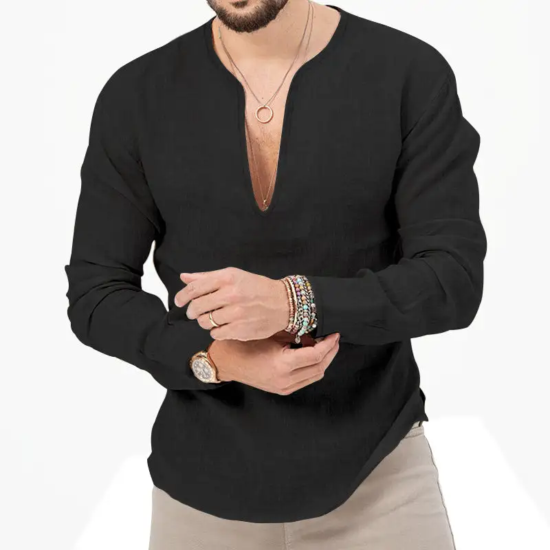 Men's Relaxed Linen Tunic Shirt With Open Slit Collar And Rounded Hem