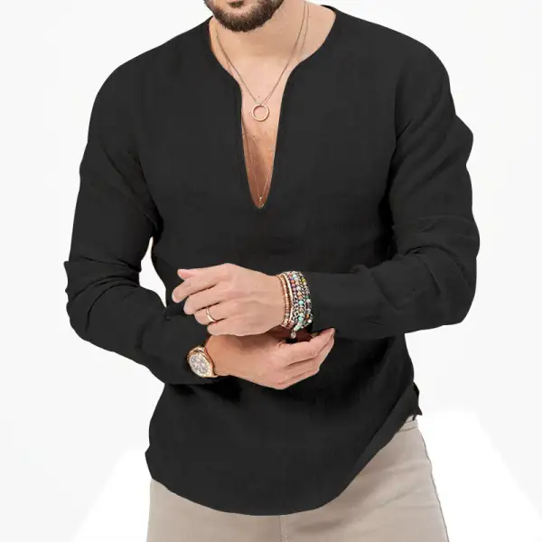 Men's Relaxed Linen Tunic Shirt With Open Slit Collar And Rounded Hem