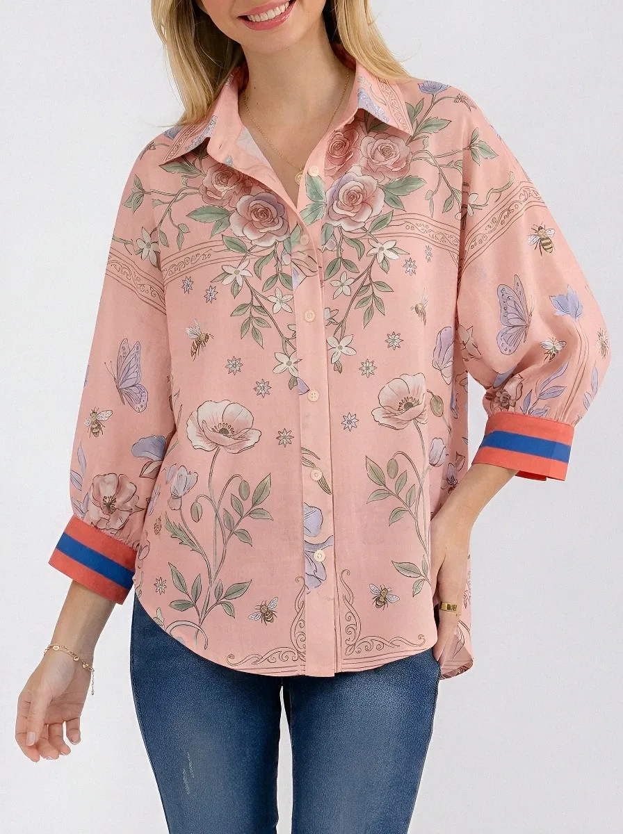 Women's Floral Butterfly Bee Nature Printed Button-up Shirt