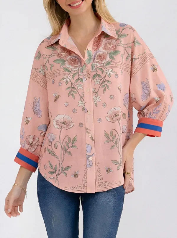 Women's Floral Butterfly Bee Nature Printed Button-up Shirt