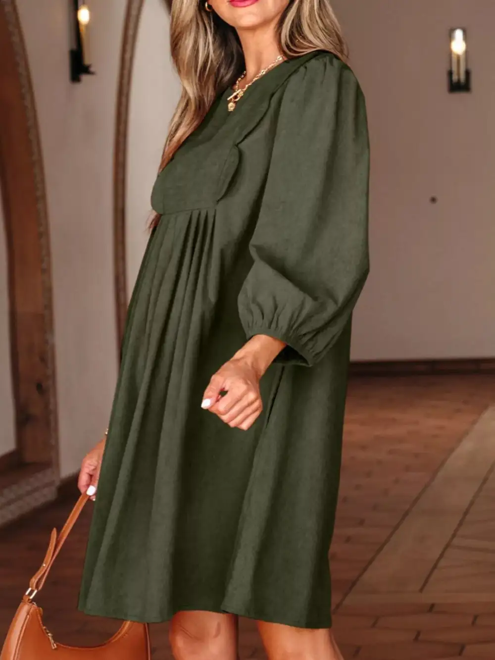 Corduroy Split Neck Pleated Mini Dress