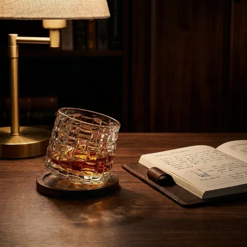 Rotating Whiskey Glass With Wood Coaster