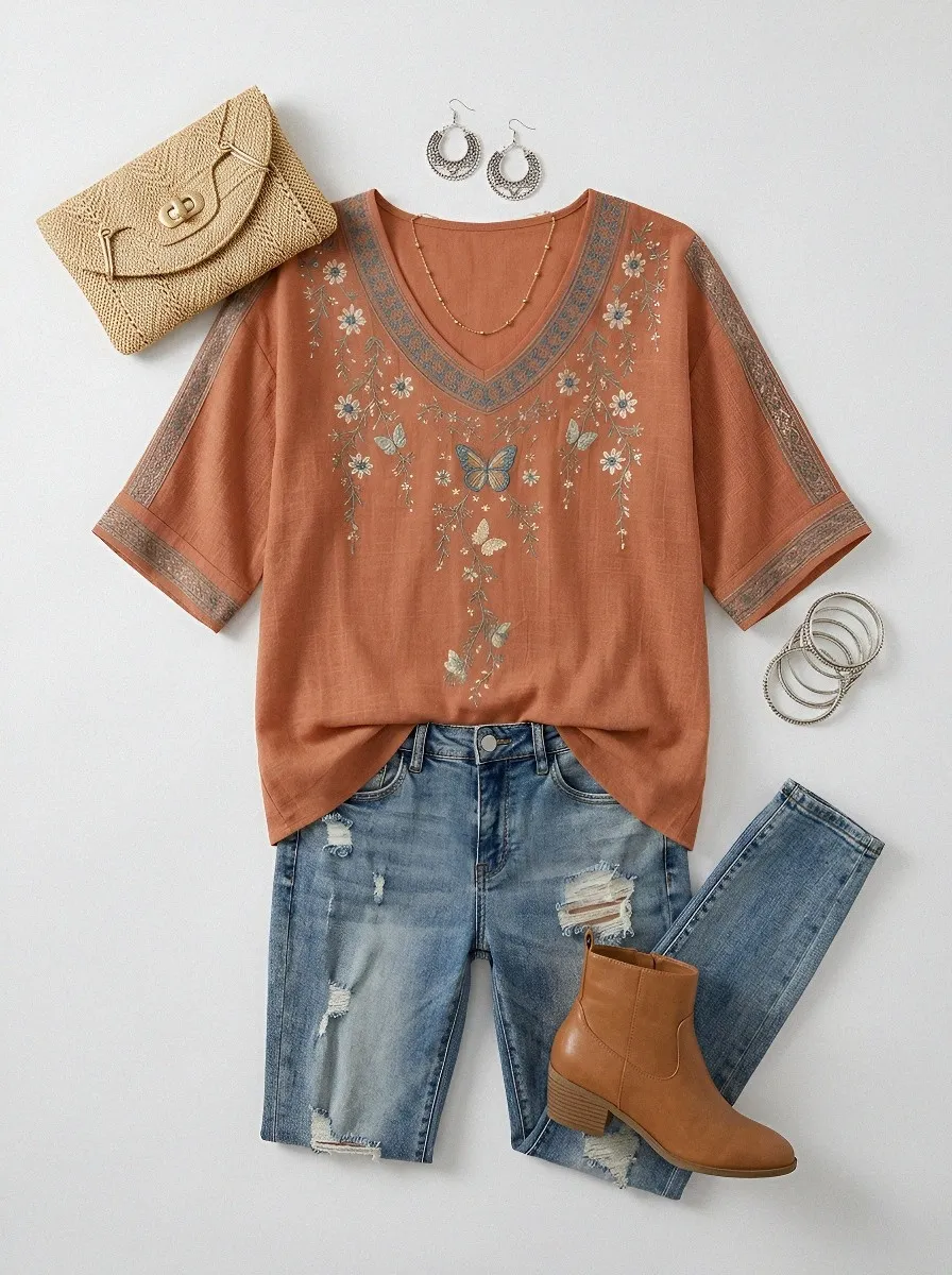 Women's Floral Butterfly Bohemian Printed Short Sleeve T-shirt