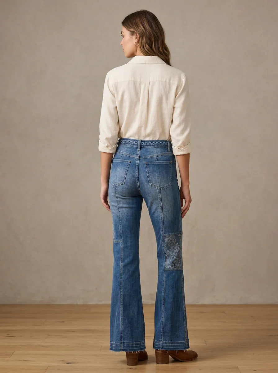 Women's Vintage Style Paisley Patchwork Printed Flare Jeans
