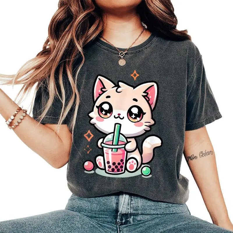 Cute Cat Boba Tea Bubble Tea Anime Kawaii Neko Girls Women's Oversized Comfort T-Shirt