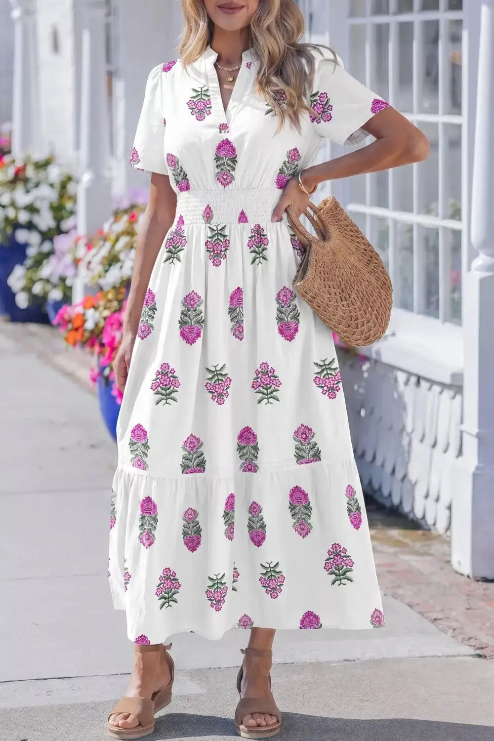 Split Neck Shirred High Waist Ruffle Hem Midi Dress