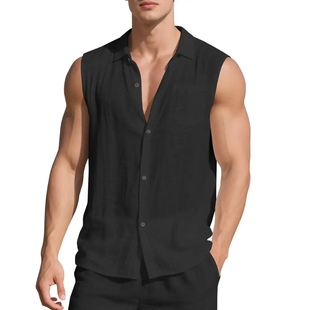 Men's Sleeveless Linen Shirt With Lapel Collar Chest Pocket And Continuous Button Placket