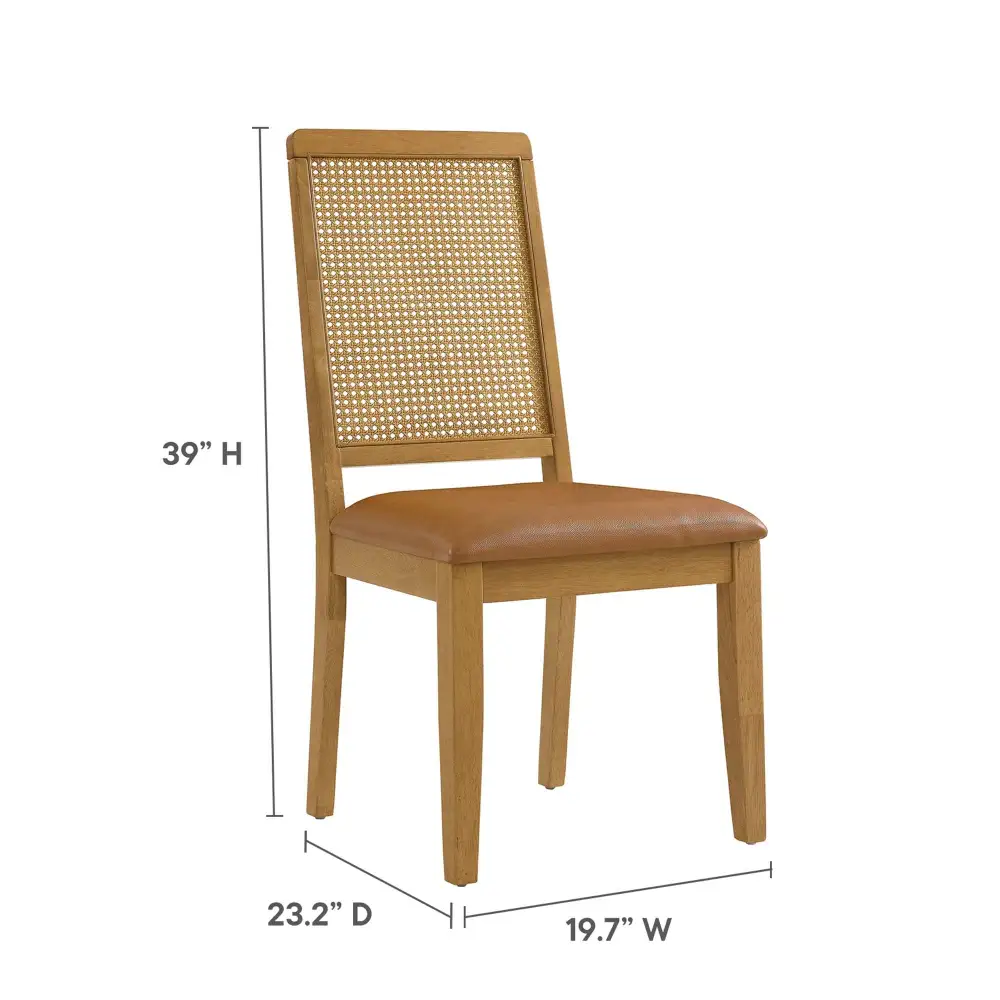 Vegan Leather Upholstered Faux Rattan and Wood Dining Side Chairs Set of Two