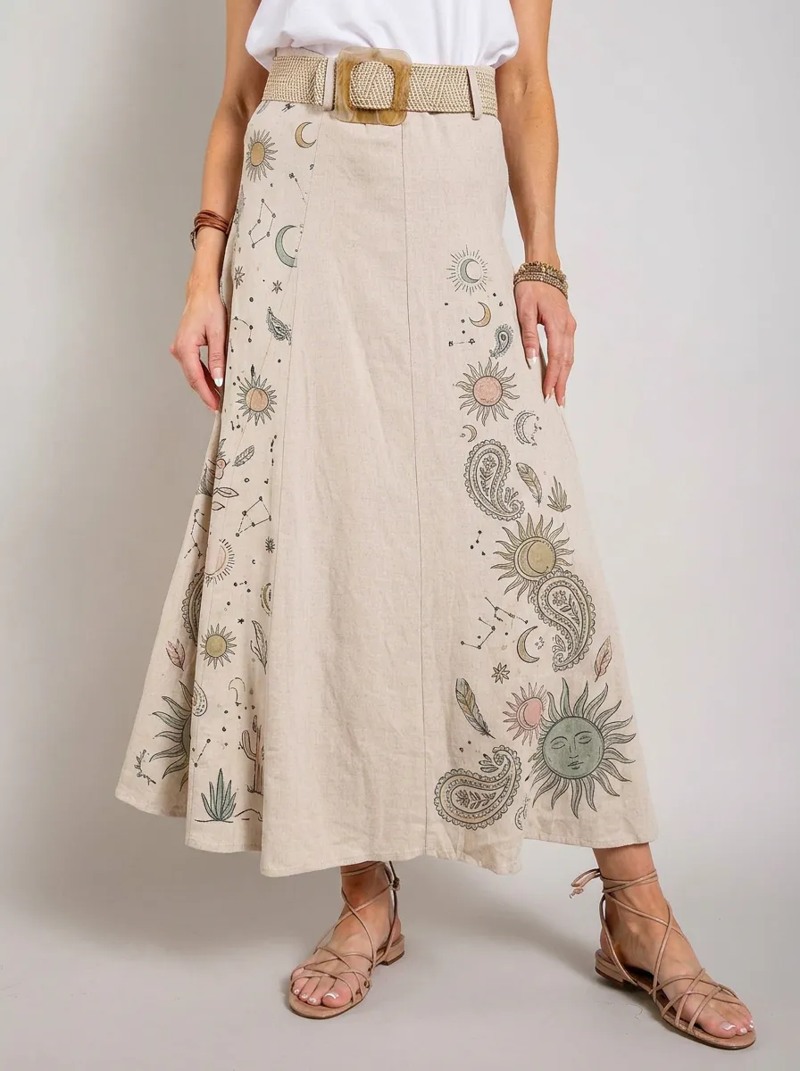 Women's Boho Celestial Sun Moon Paisley Printed Midi Skirt