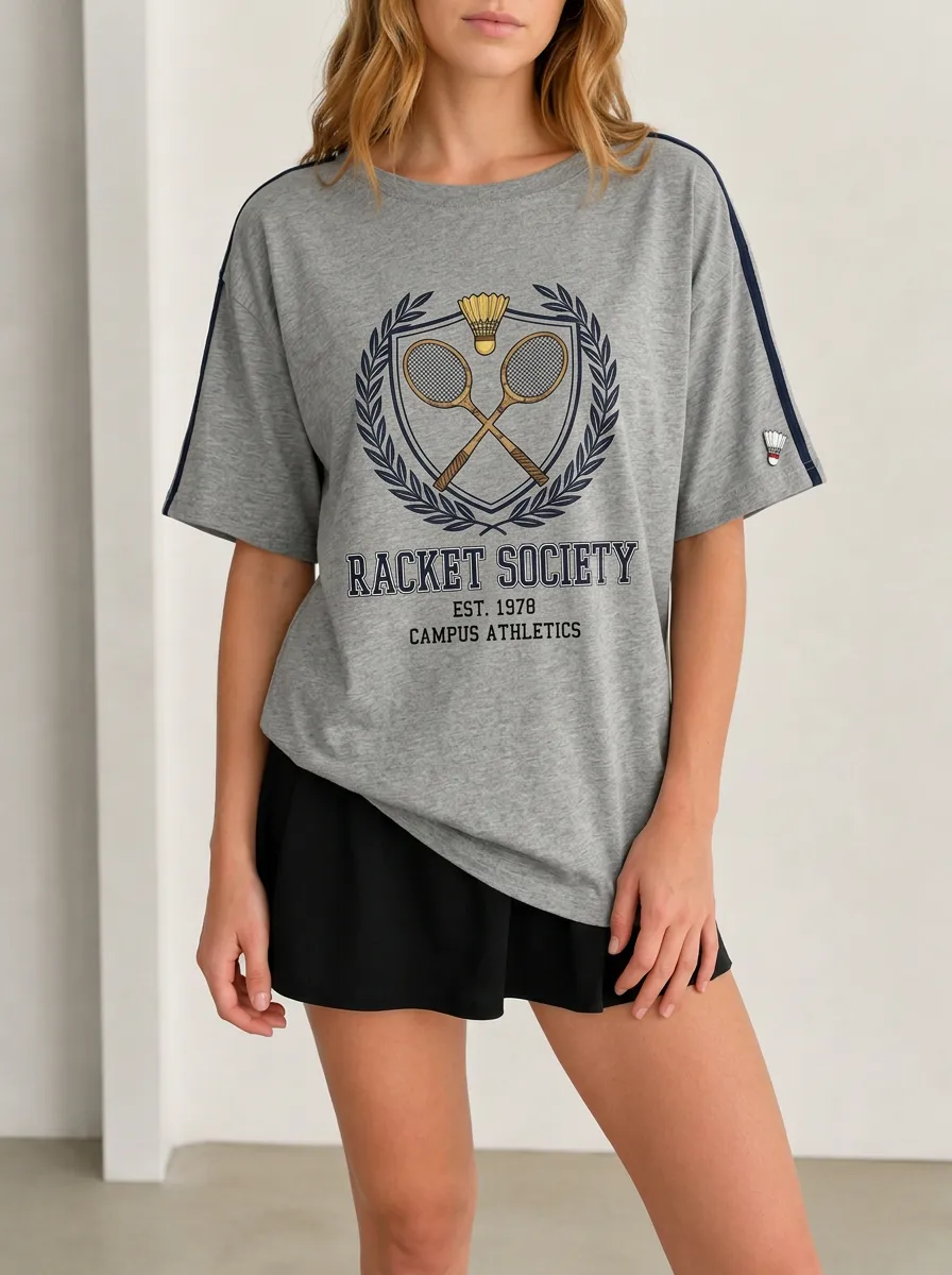 Women's Badminton Lover Racket Society Crest Printed T-shirt