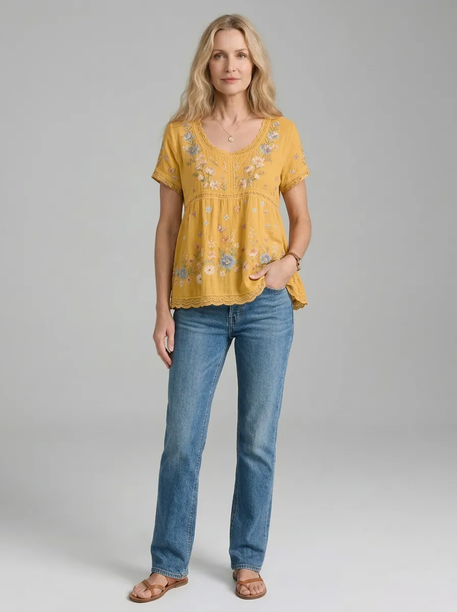Women's Boho Floral Butterfly Embroidered Printed T-shirt