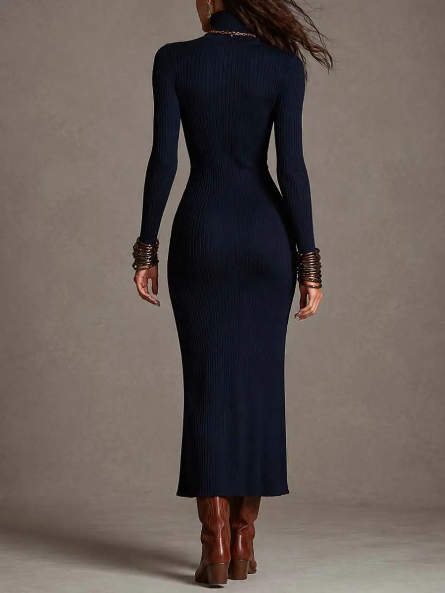 Navy Vertical Ribbed Knit Bodycon High Neck Keyhole Front Side Zipper Slit Midi Dress