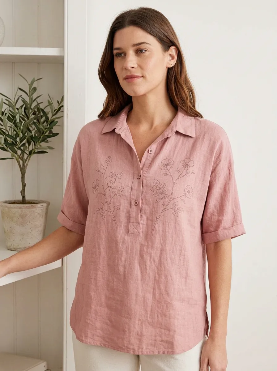 Women's Floral Botanical Pink Cotton And Linen Printed Shirt