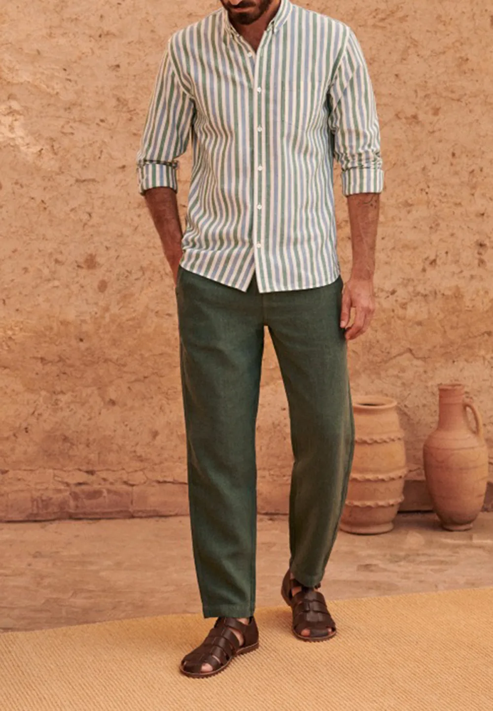Dark Green Lightweight Linen Blend Straight Trousers