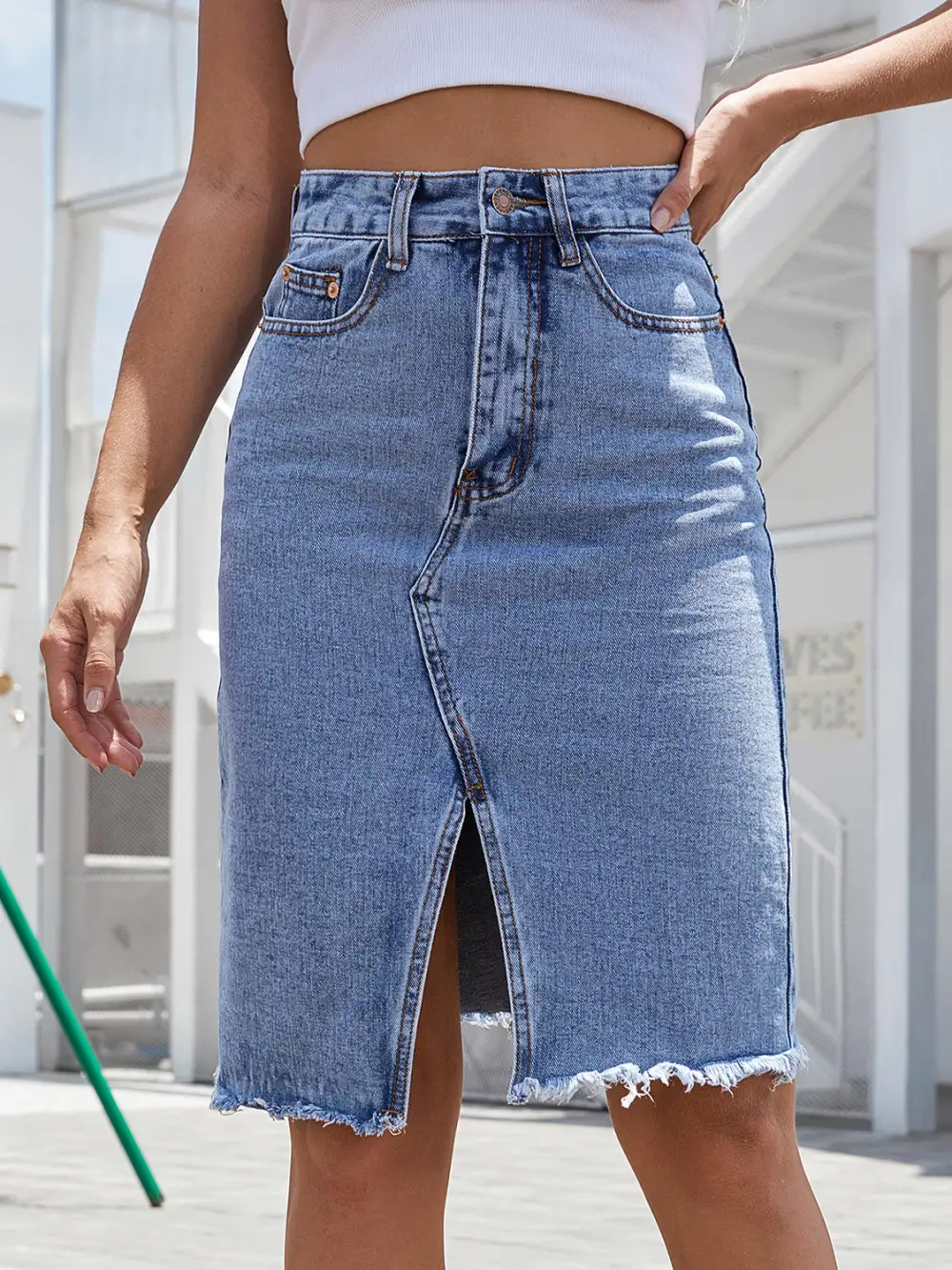 Balanced Button Front Denim Silhouette Skirt