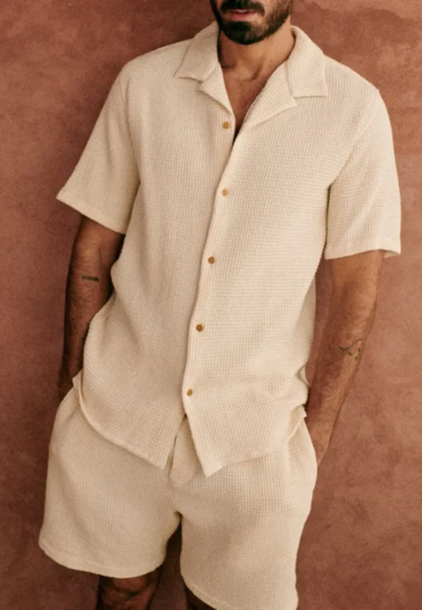 Rust Red Seersucker Textured Short Sleeve Shirt