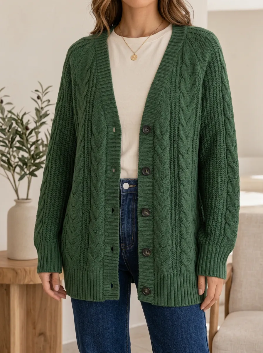Women's Cable Knit Button Front V Neck Effortless Cardigan