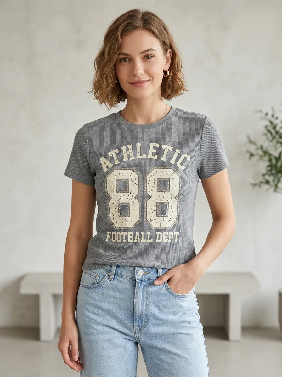 Women's Athletic Football 88 Graphic Printed Waffle Knit T-Shirt