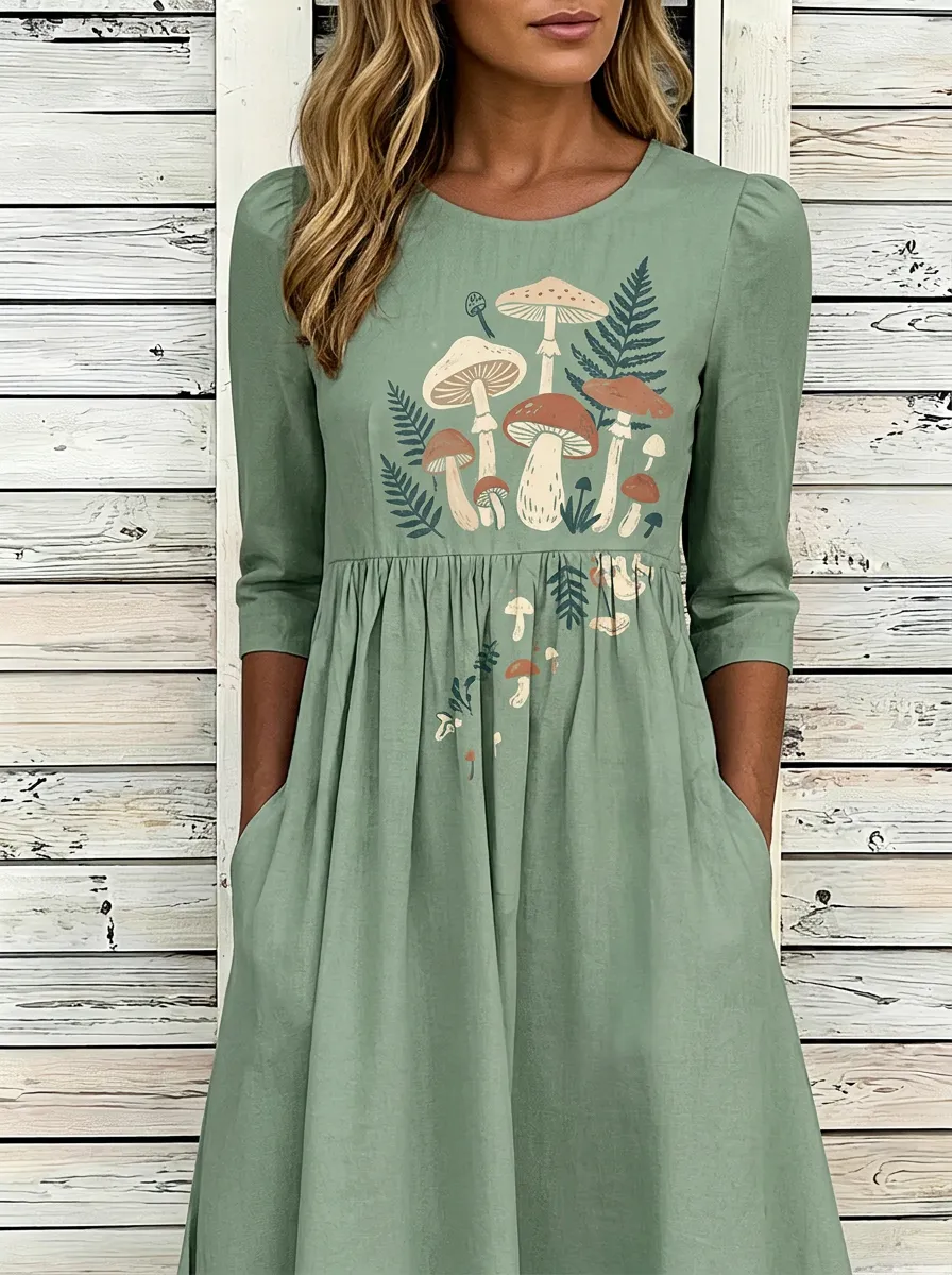 Women's Cottagecore Mushroom Fern Printed Dress