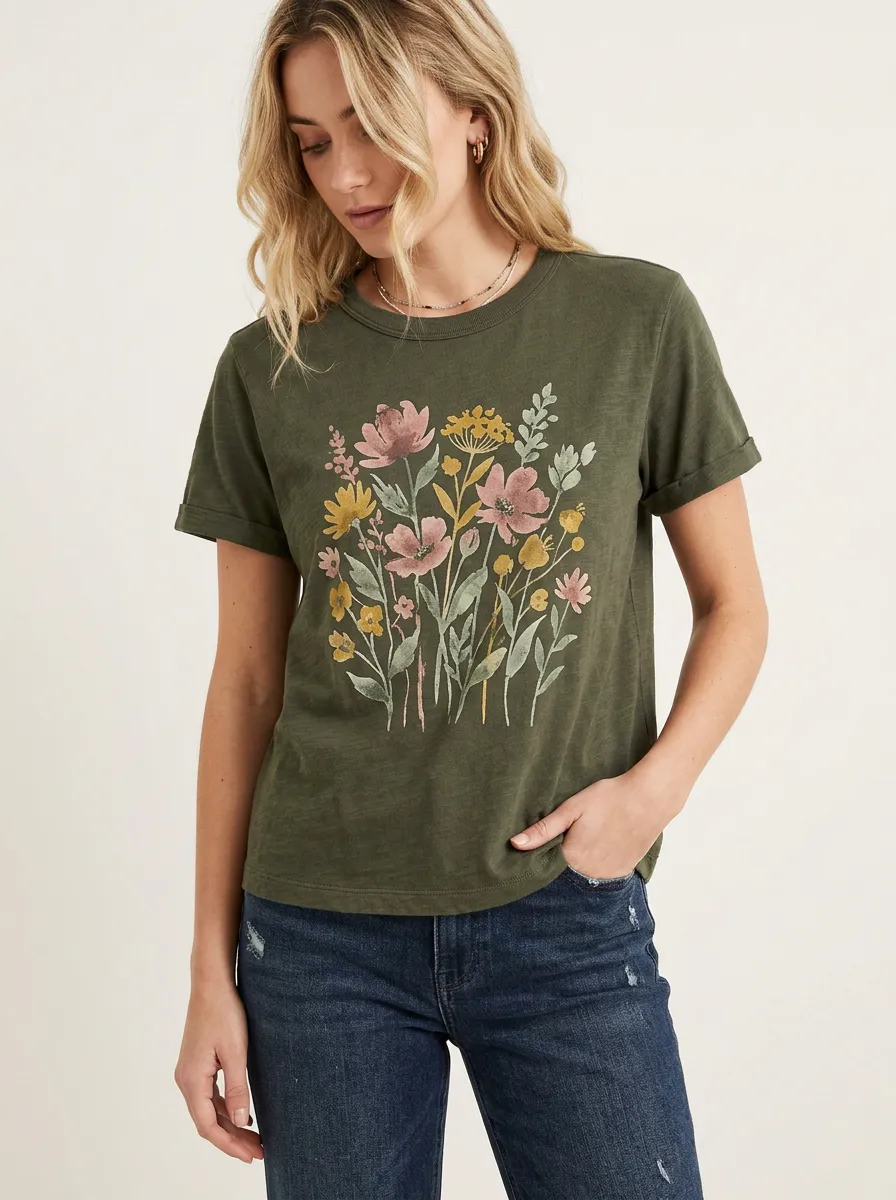 Women's Garden Wildflower Bouquet Printed T-Shirt