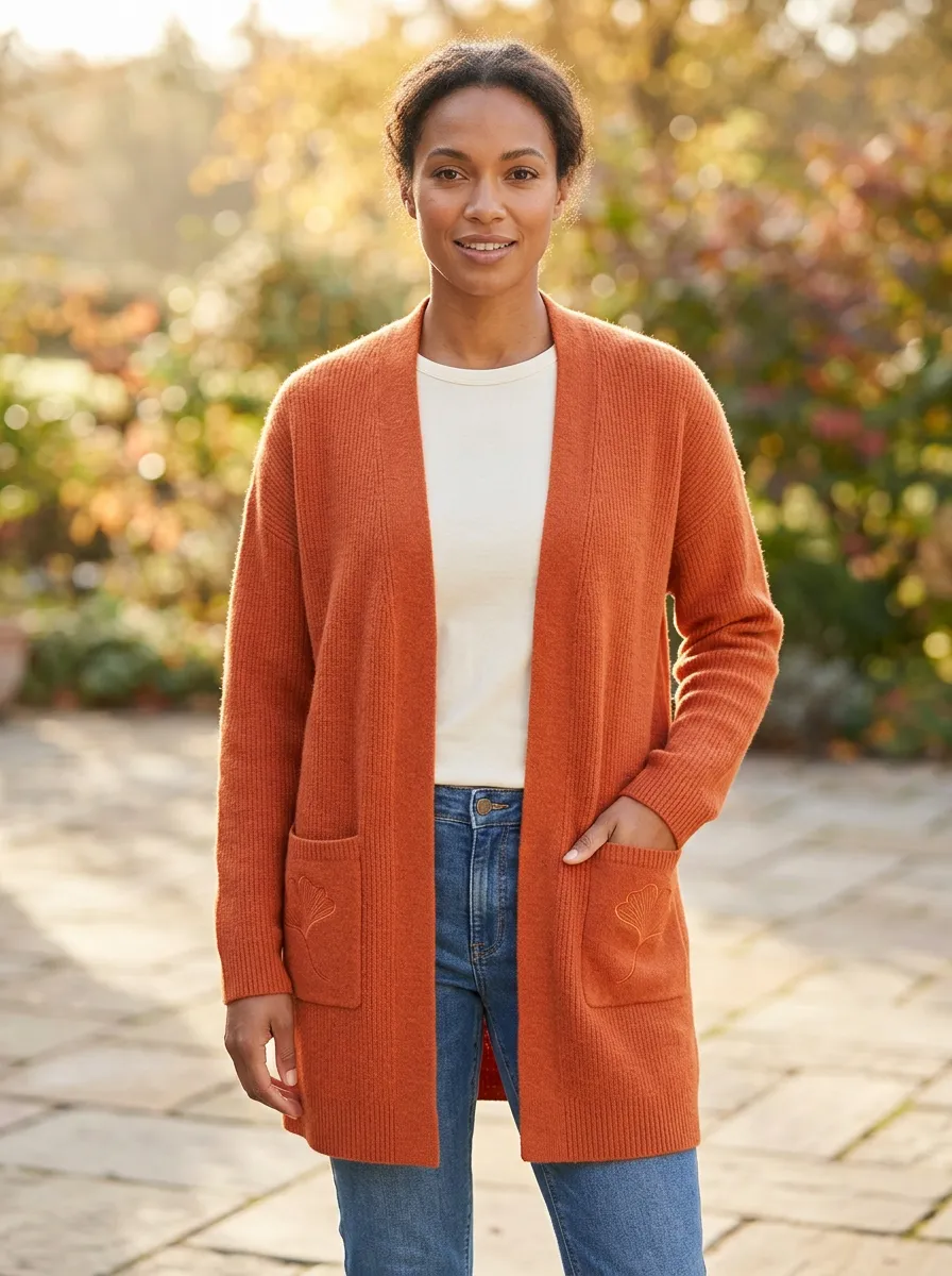 Ginkgo-Leaf Embroidered Leaf-Motif Knit Cardigan