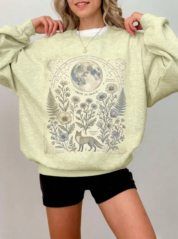 Women's Botanical Moon Fox Grow In Grace Printed Sweatshirt