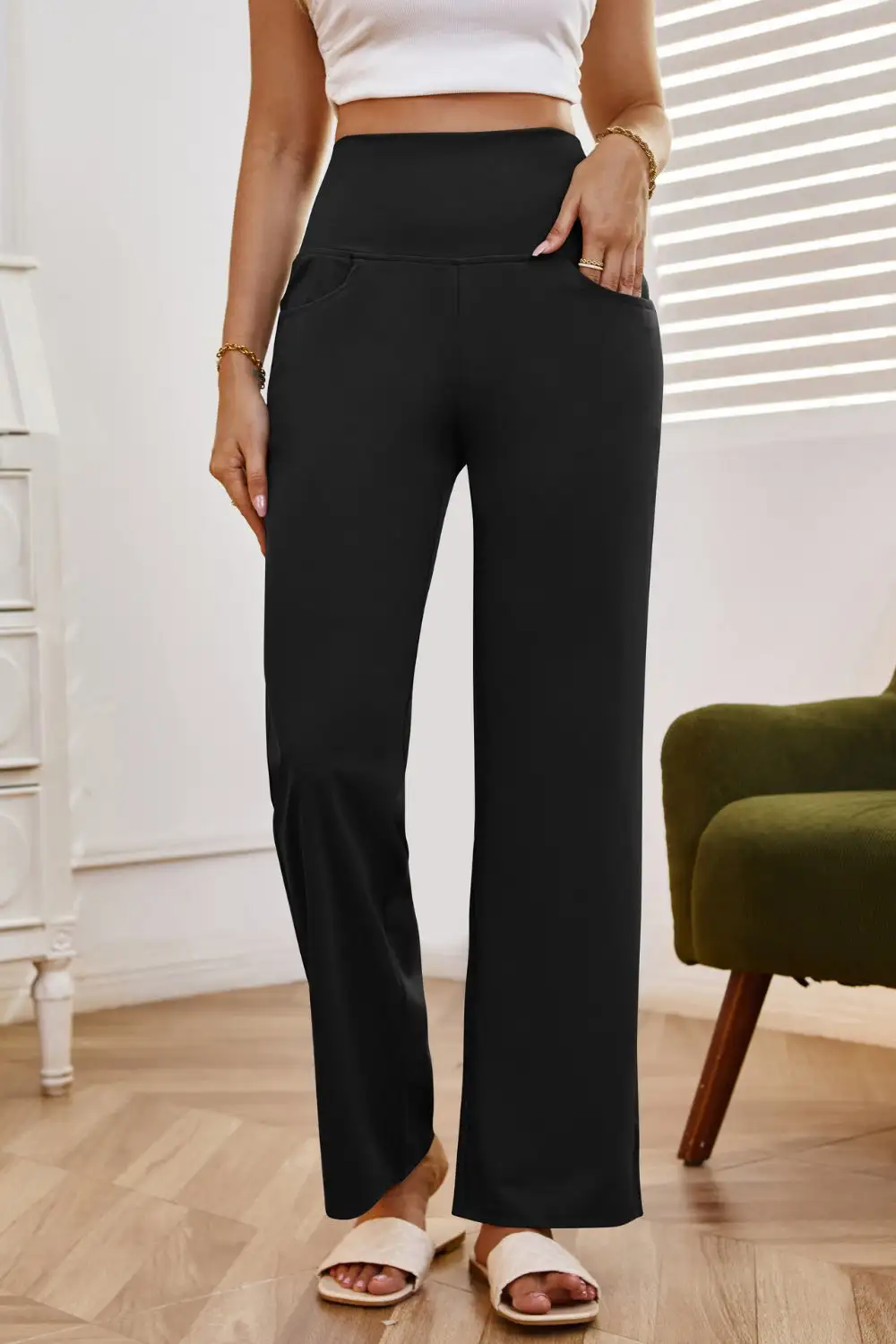 Relaxed High Waist Wide Leg Pants With Pocket