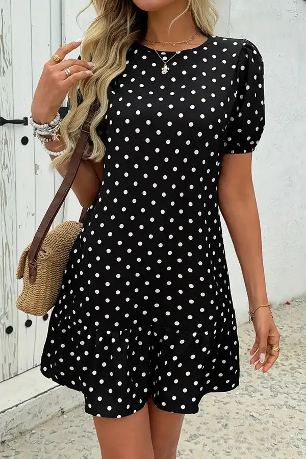 Dots Print Ruffle Hem Mini Dress