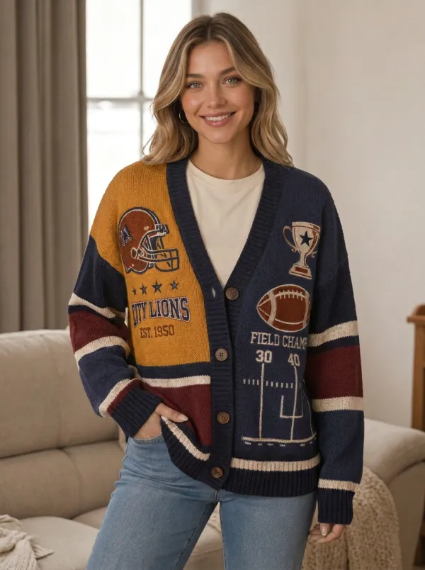 Women's Football Lions Helmet Trophy Knit Knit Cardigan
