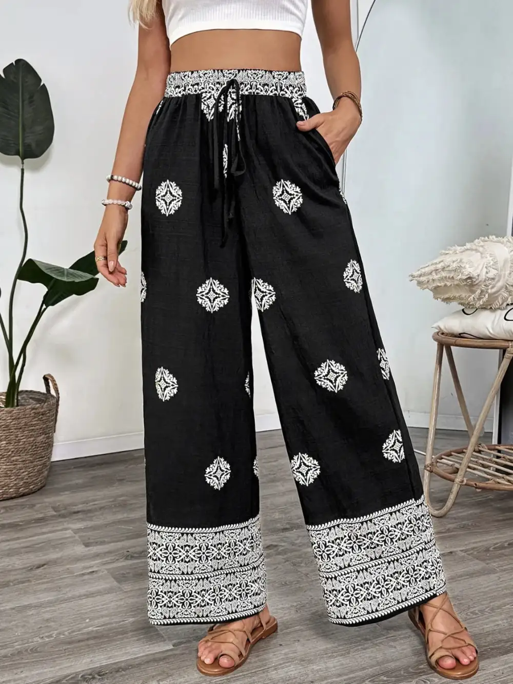 Relaxed Boho Print Wide Leg Pants