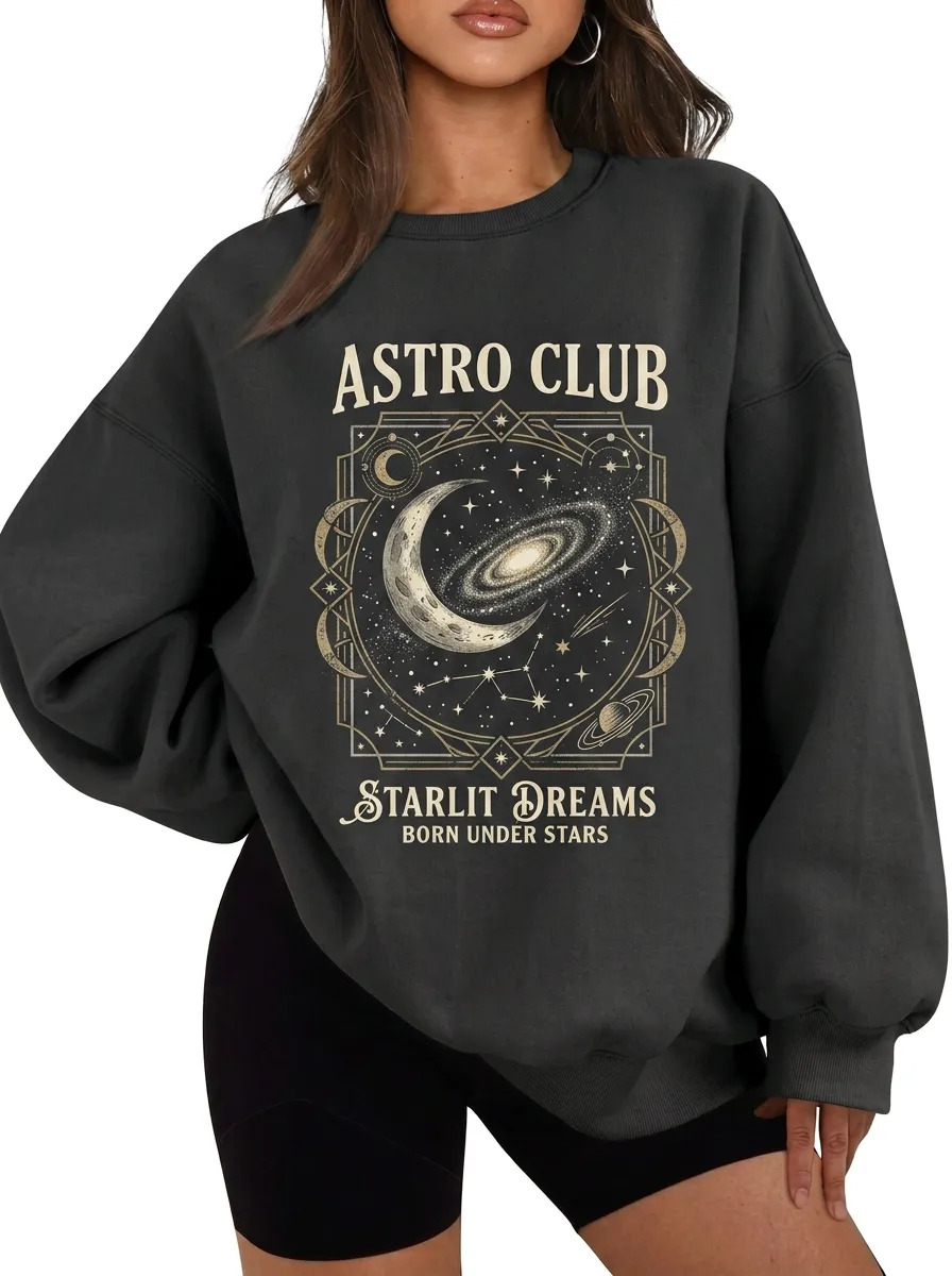 Women's Astro Club Galaxy Moon Starlit Dreams Printed T-shirt