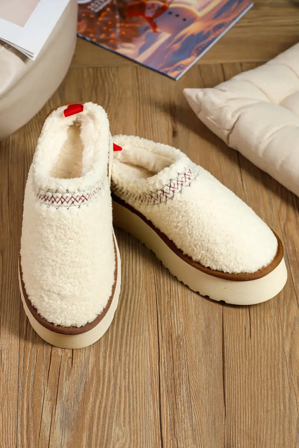Embroidered Sherpa Thick Sole Slippers