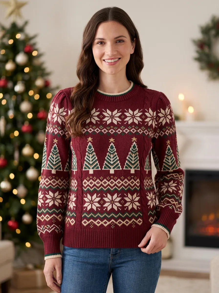 Christmas Holiday Tree Snowflake Pattern Print Sweater