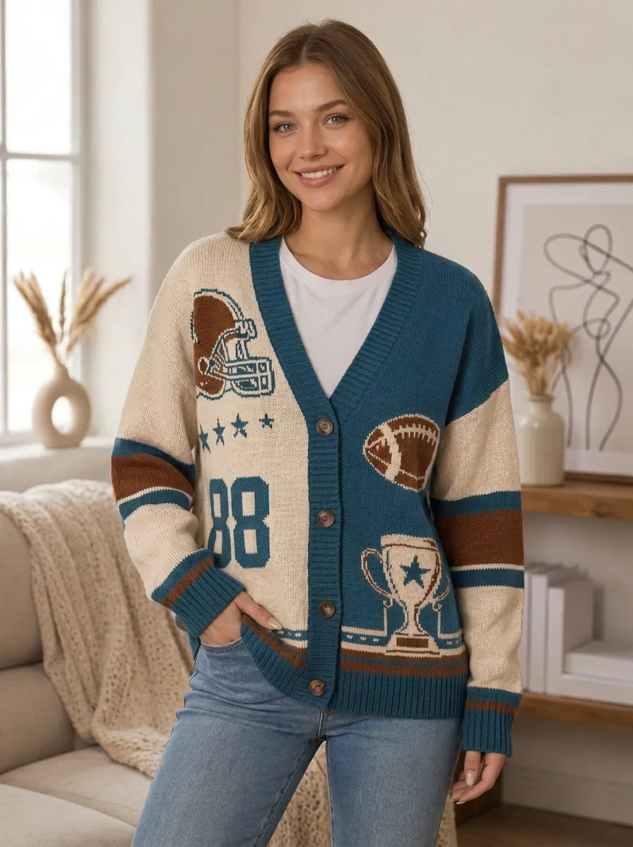 Women's Football Cream and Green Graphic Knit Cardigan