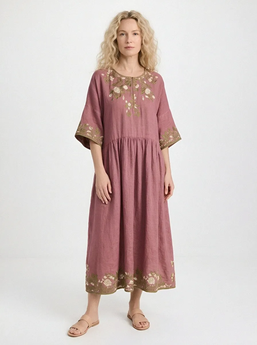 Women's Summer Vacation Floral Embroidered Linen Printed Dress