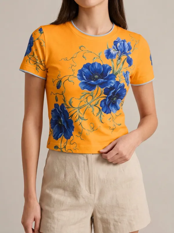 Women's Floral Lover Blue Poppy Printed T-shirt