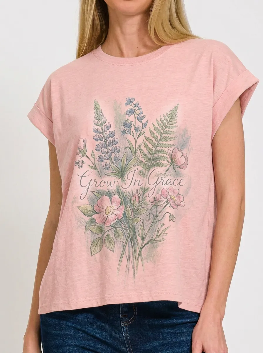 Women's Grow In Grace Floral Bouquet Printed T-shirt