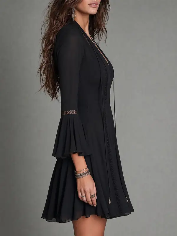 Vintage-style Tie-neck A-line Mini Dress With Cutout Lace Trim