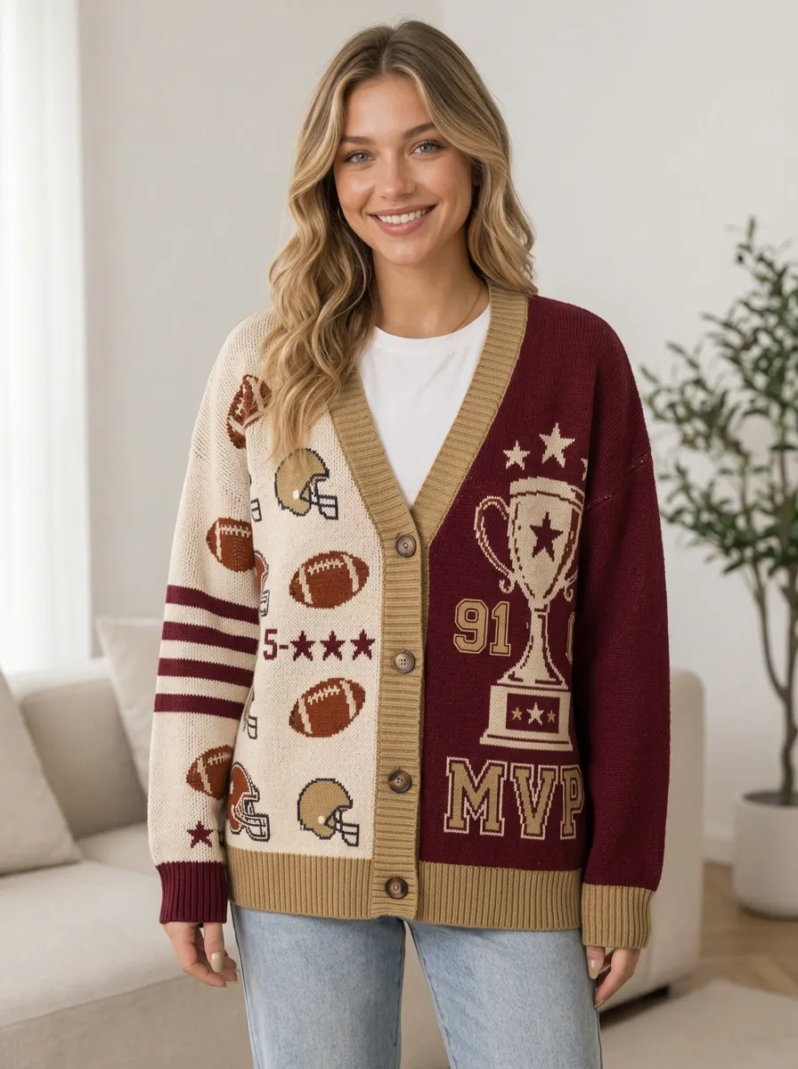 Women's Iconic Inspired Helmet Football Trophy Knitted Cardigan