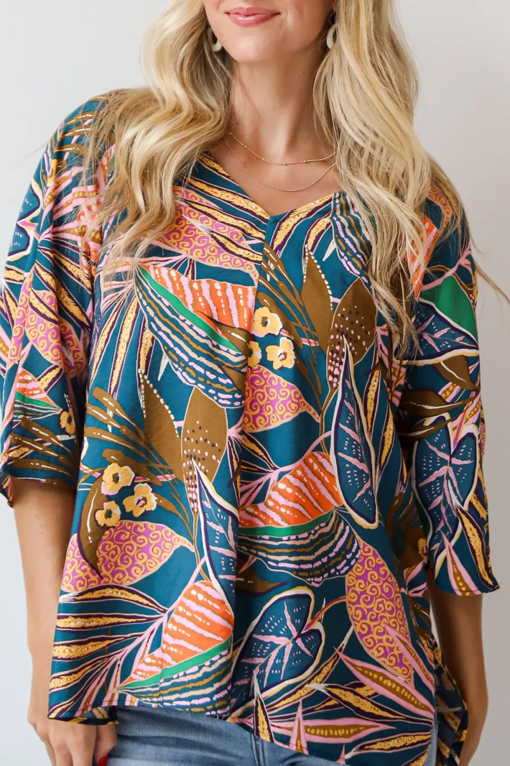 Teal Leaf Print Oversized Blouse