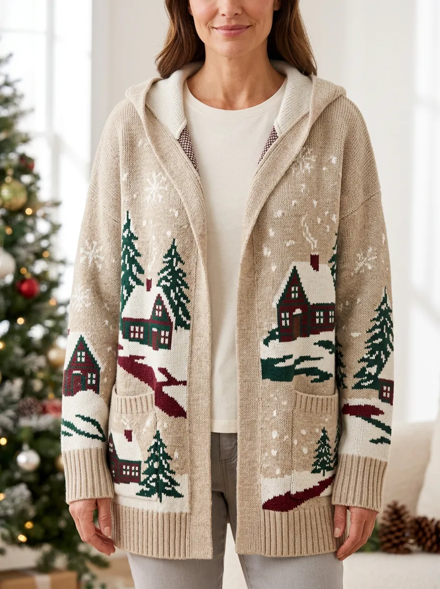 Christmas Winter Village Snow Pine Tree Print Hooded Cardigan