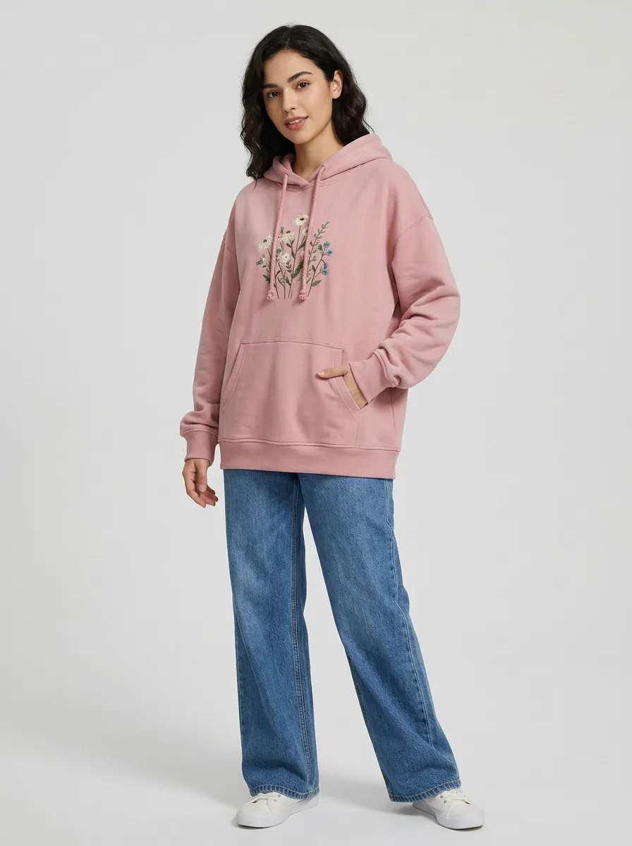 Women's Pink Wildflower Botanical Printed Hoodie
