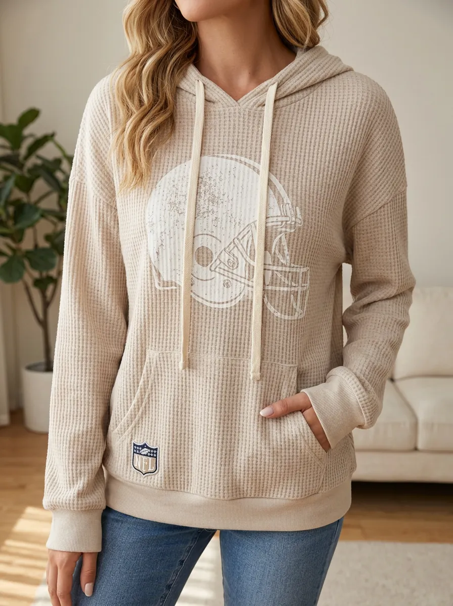 Women's Gridiron Football Fan Distressed Helmet Printed Waffle Hoodie