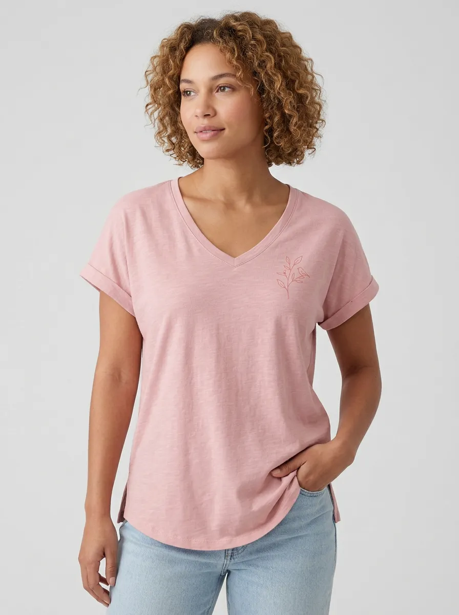 Women's Minimalist Botanical Line Art Printed V-Neck T-Shirt