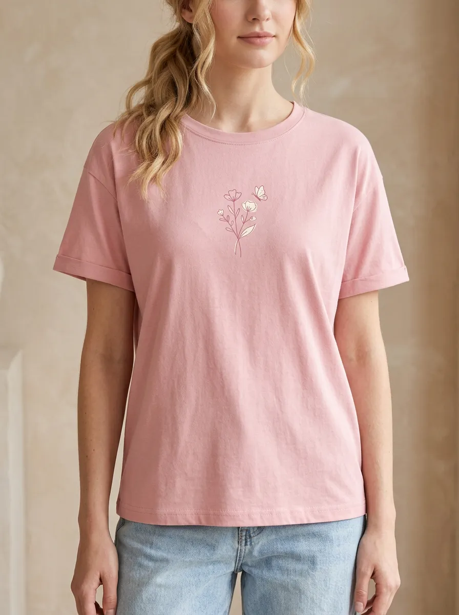Women's Floral Butterfly Minimalist Line Art Printed T-shirt
